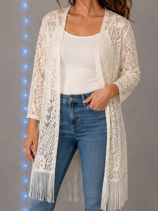 Questions Sweaters - Queens Ivory Lace Fringe Duster Cardigan Women’s Large